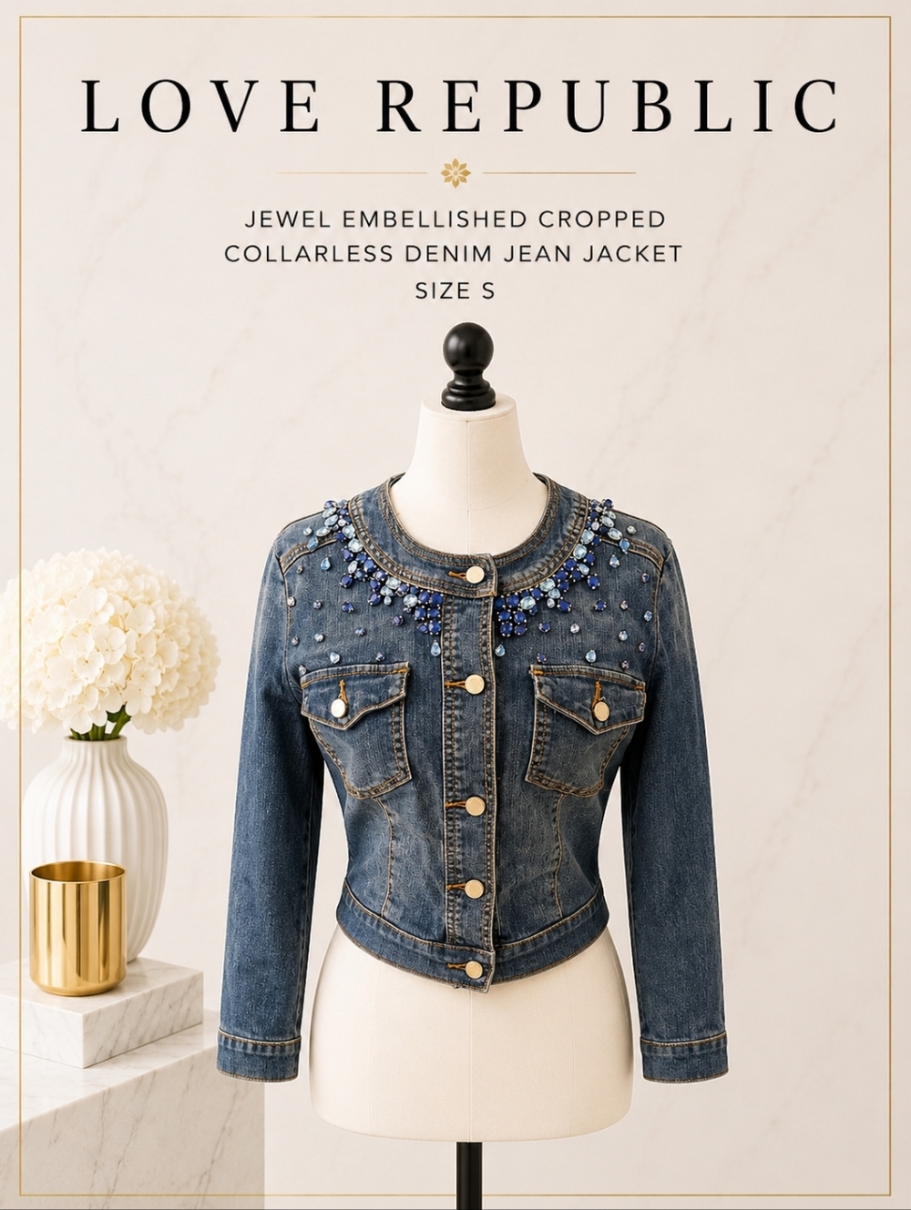 💎 Brand New Jewel Embellished Cropped Collarless Denim Jean Jacket Size S